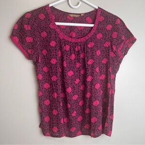 Sparsh Fuschia Floral Pattern Short-Sleeve Cotton Lightweight Top Large